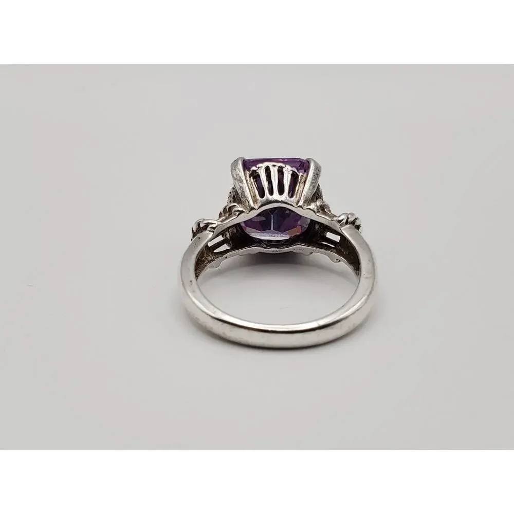 925 Sterling Silver Vintage Emerald-Cut Purple CZ Ring Size 8